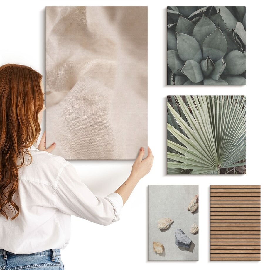 Zestaw 5 obrazów na płótnie - Kamienie drewno tkaniny tekstury boho - brązowy