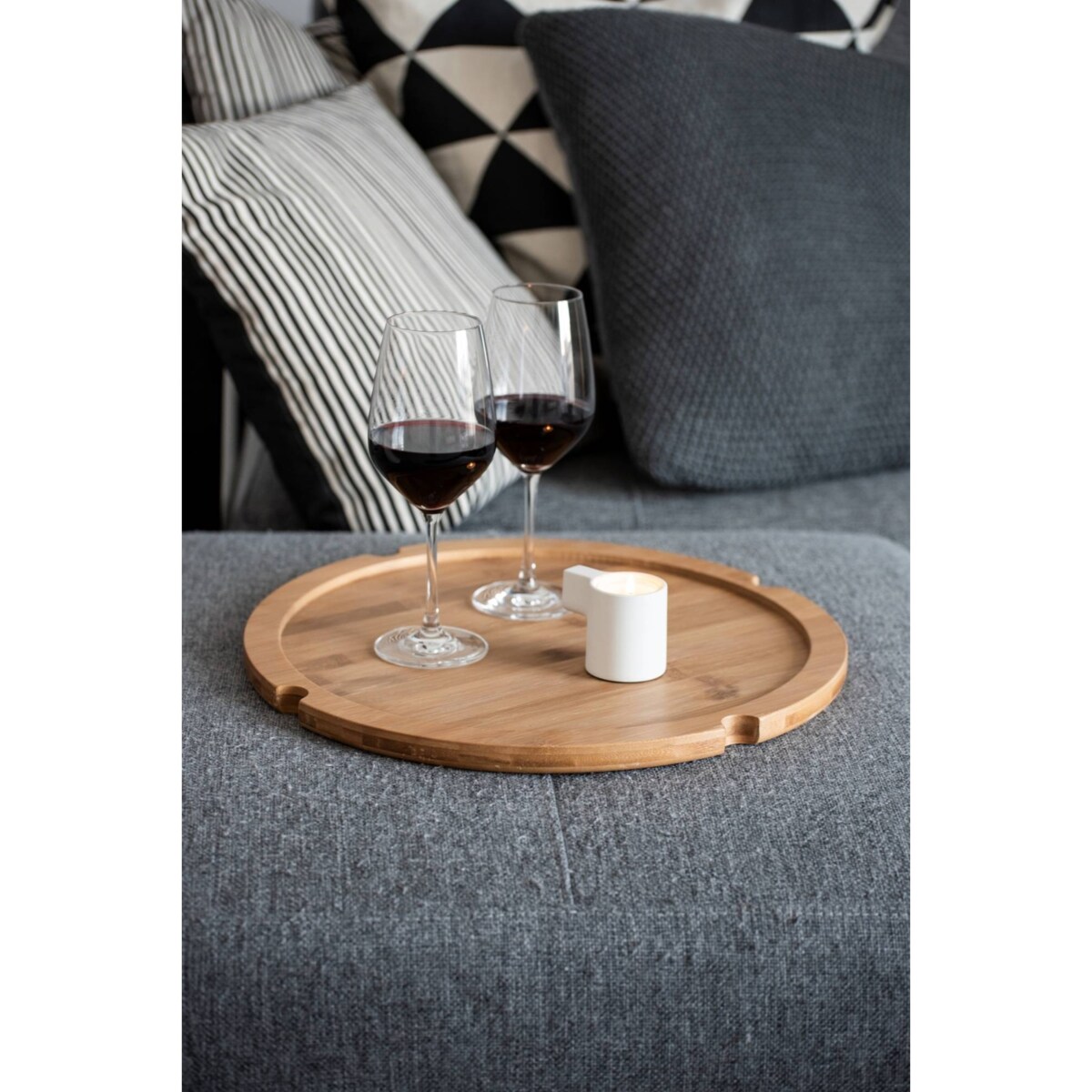 Stolik pomocniczy BAHARI, bambusowy, z materiałowym koszem do przechowywania, okrągły, WENKO