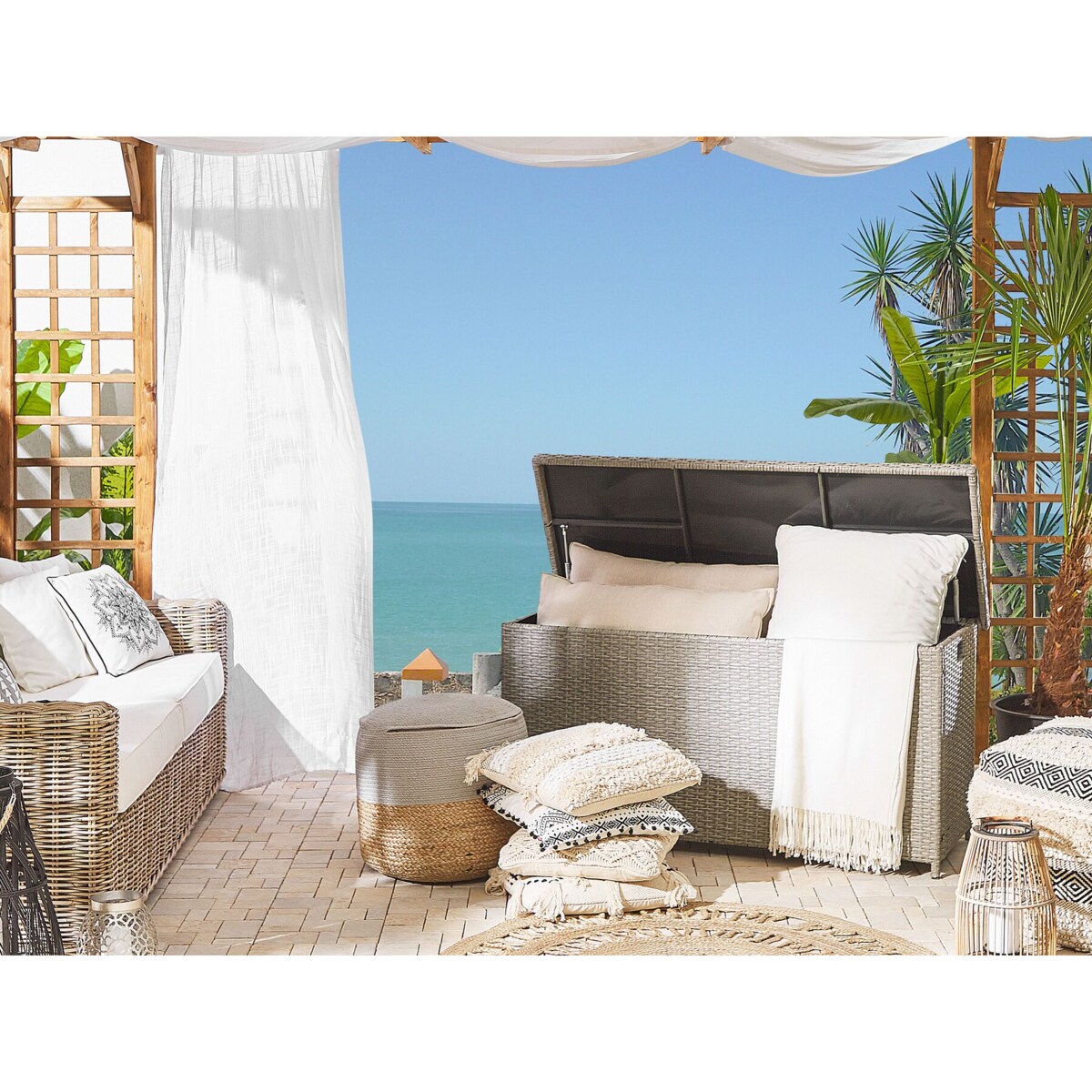 Skrzynia ogrodowa z technorattanu 126 x 46 cm beżowoszary MODENA