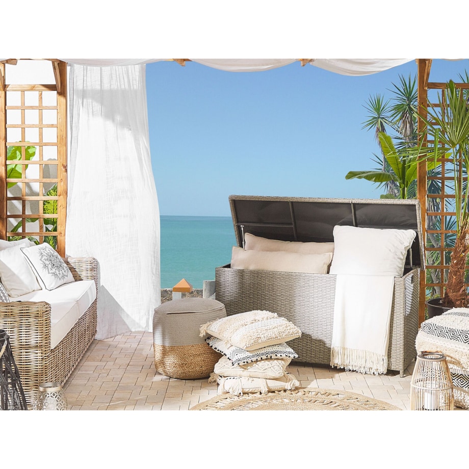 Skrzynia ogrodowa z technorattanu 126 x 46 cm beżowoszary MODENA