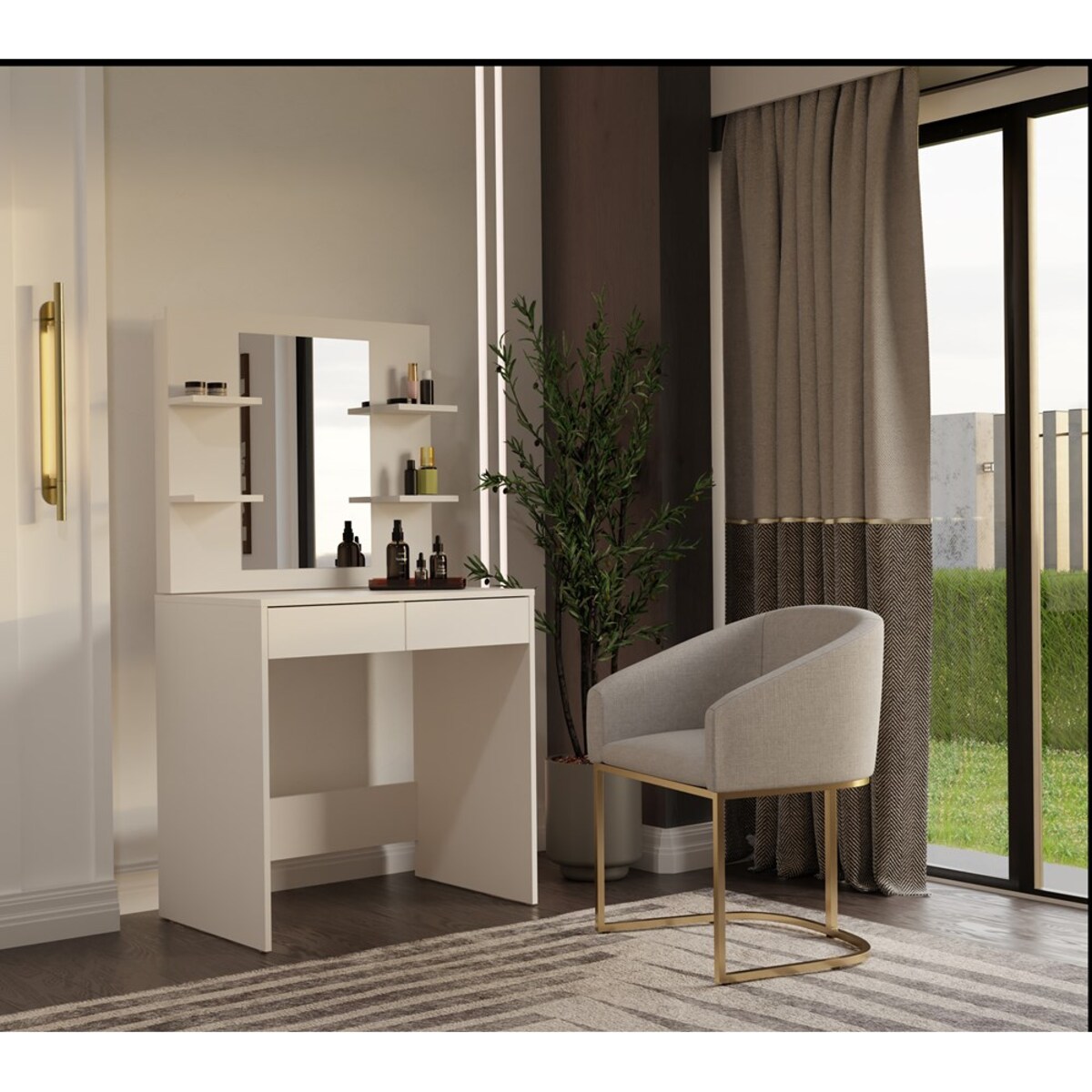 Toaletka Kosmetyczna z Lustrem Do Makijażu MARINA 4P + Biurko 2S Kaszmir