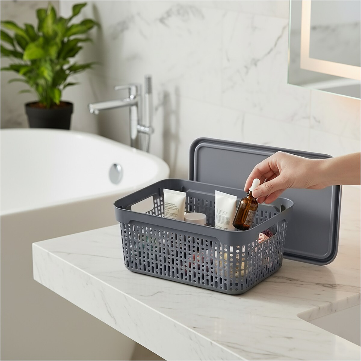Koszyk Koszyczek Ażurowy L Plastikowy Na Kosmetyki Do Łazienki Pojemnik Z Pokrywką Zamykany Z Dziurkami Szary