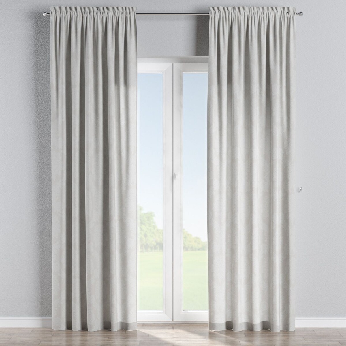 Zasłona na kanale z grzywką 1 szt. 130x260 liście akantu na jasno-popielatym tle