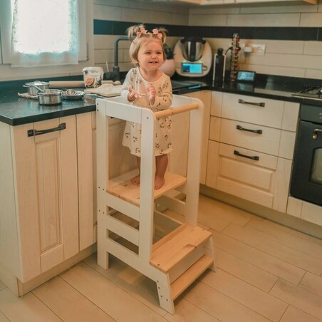 Kitchen Helper z Tablicą, Drewniany Pomocnik Kuchenny dla Dziecka, Biały-Naturalny