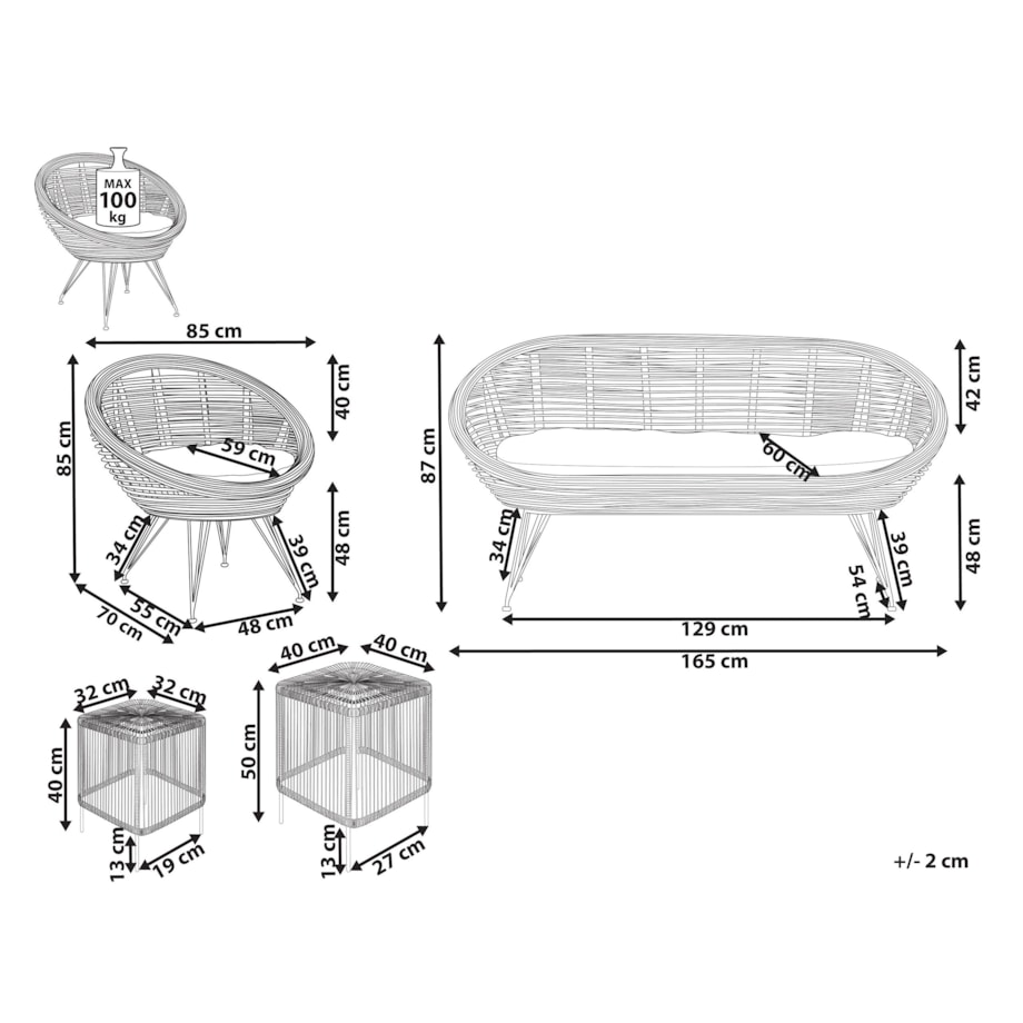 Zestaw ogrodowy ze stolikiem dla 3 osób MARATEA/CESENATICO Rattan Naturalny