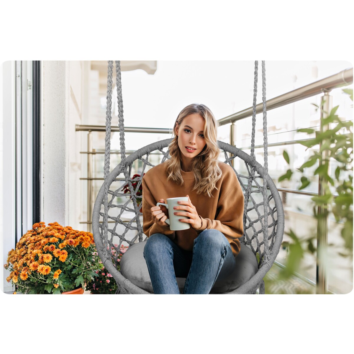 Huśtawka bocianie gniazdo ogrodowa z poduszką fotel wiszący boho Sofotel szara