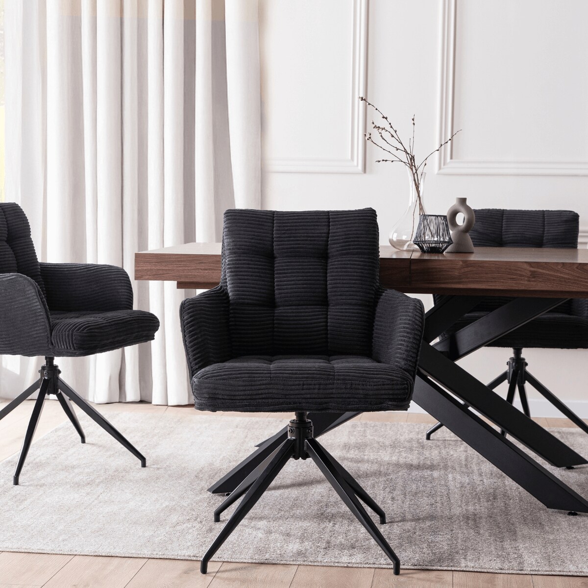 Krzesło Obrotowe Kubełkowe Tapicerowane Do Jadalni Sztruks Czarny AKITA