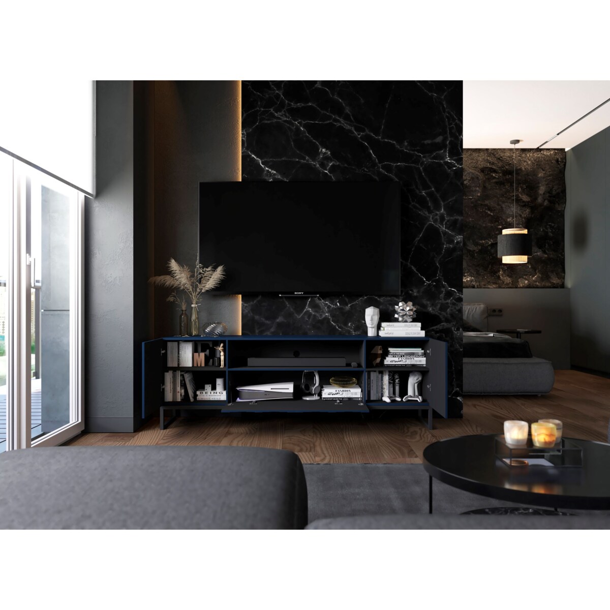 Komoda RTV Glamour Nowoczesna Szafka RTV Granatowy Mat Czarna Rama Metalowa 300 cm