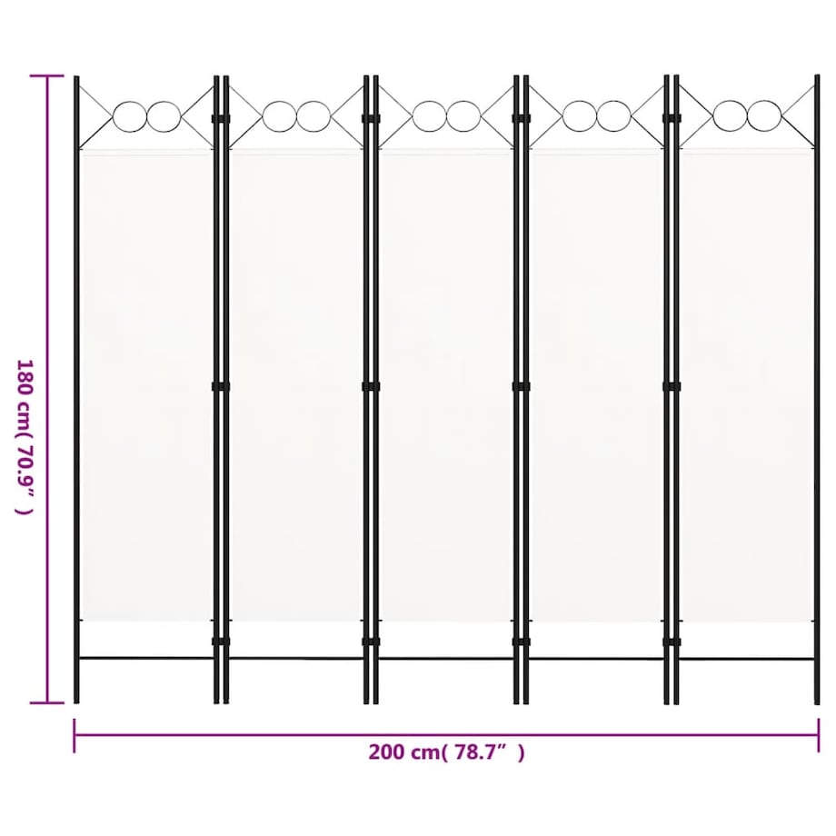 vidaXL Parawan 5-panelowy, biały, 200 x 180 cm
