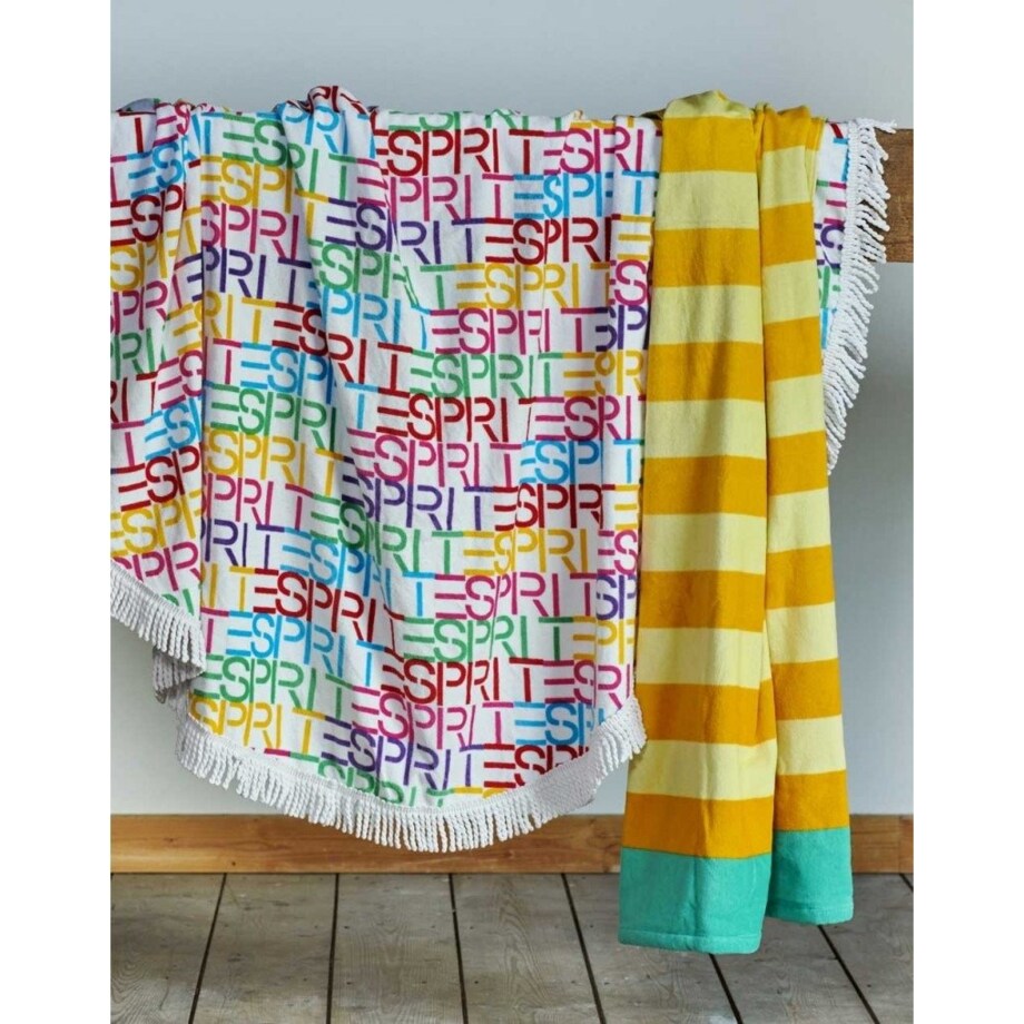 Ekskluzywny ręcznik plażowy w paski w kolorze pomarańczowym i żółtym, duży ręcznik luksusowy, ręcznik z weluru, Esprit, 100 x 180 cm