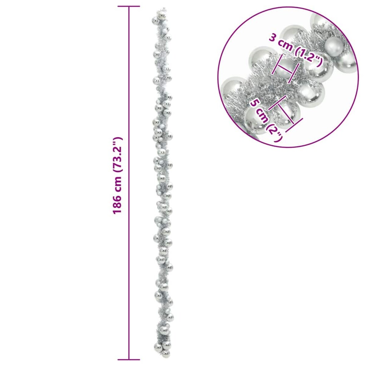 vidaXL Girlanda z bombek świątecznych Srebrny 186 cm polistyren