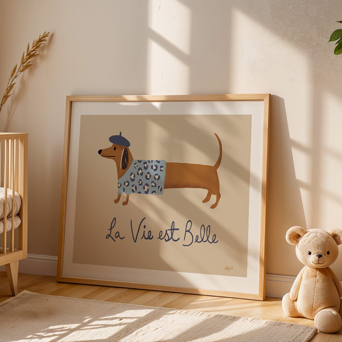 plakat jamnik w niebieskim berecie 70x100