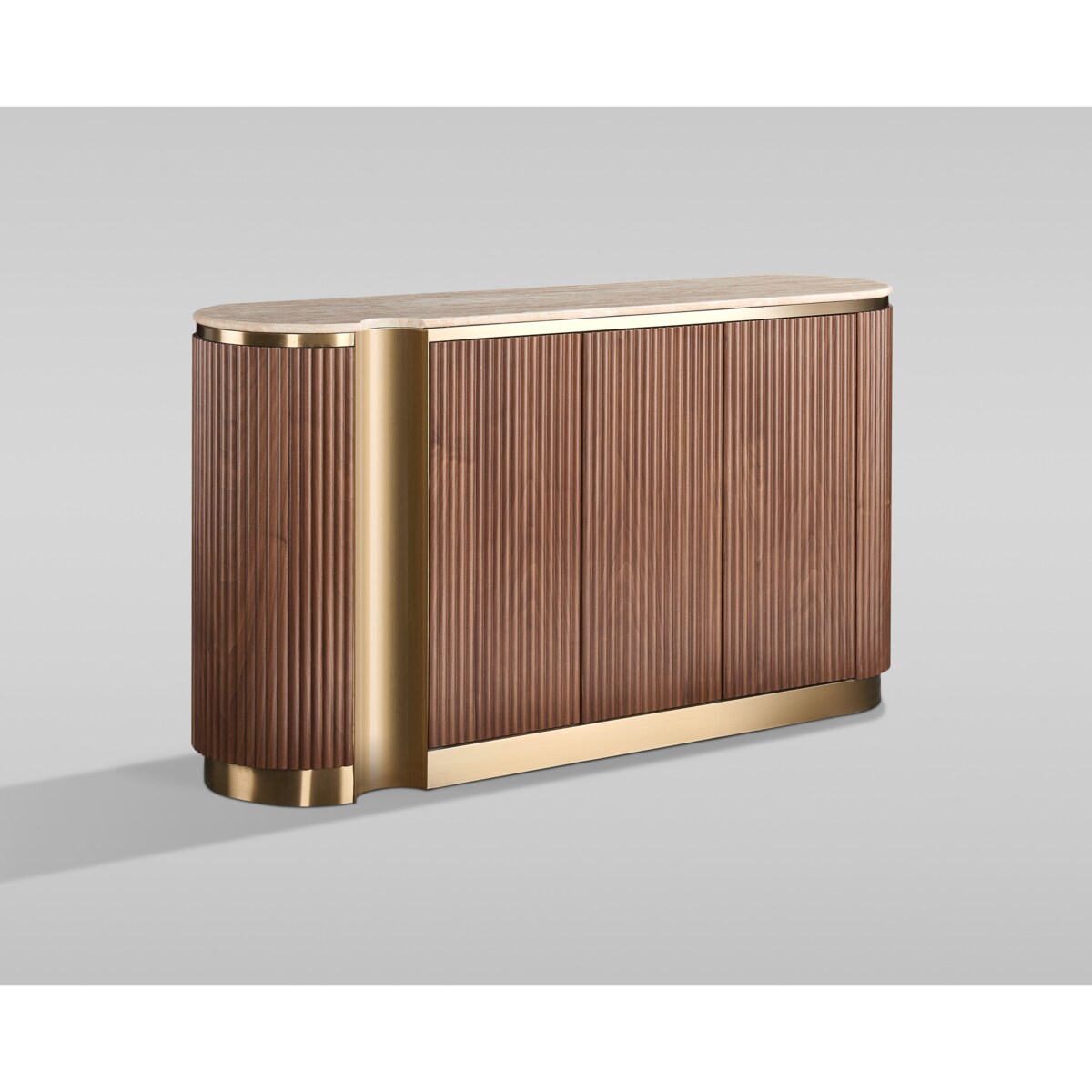 Ryflowana komoda drewniana brązowa złota Nutris Glamour Premium z blatem marmurowym 158x40x88