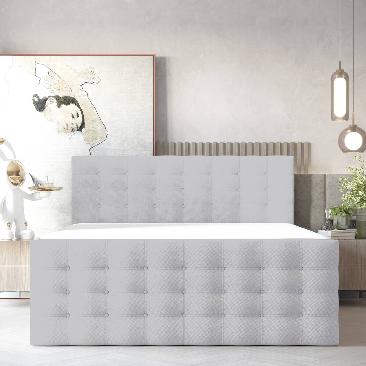 Łóżko kontynentalne STATE 160x200 z pojemnikiem, Jasny Szary, tkanina Megan 364