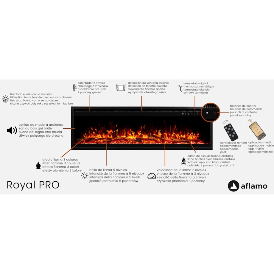 Kominek elektryczny AFLAMO Royal PRO 100 - ścienny i do zabudowy - 100x38x16 cm - kominek LED z funkcją grzania 750/1500 W