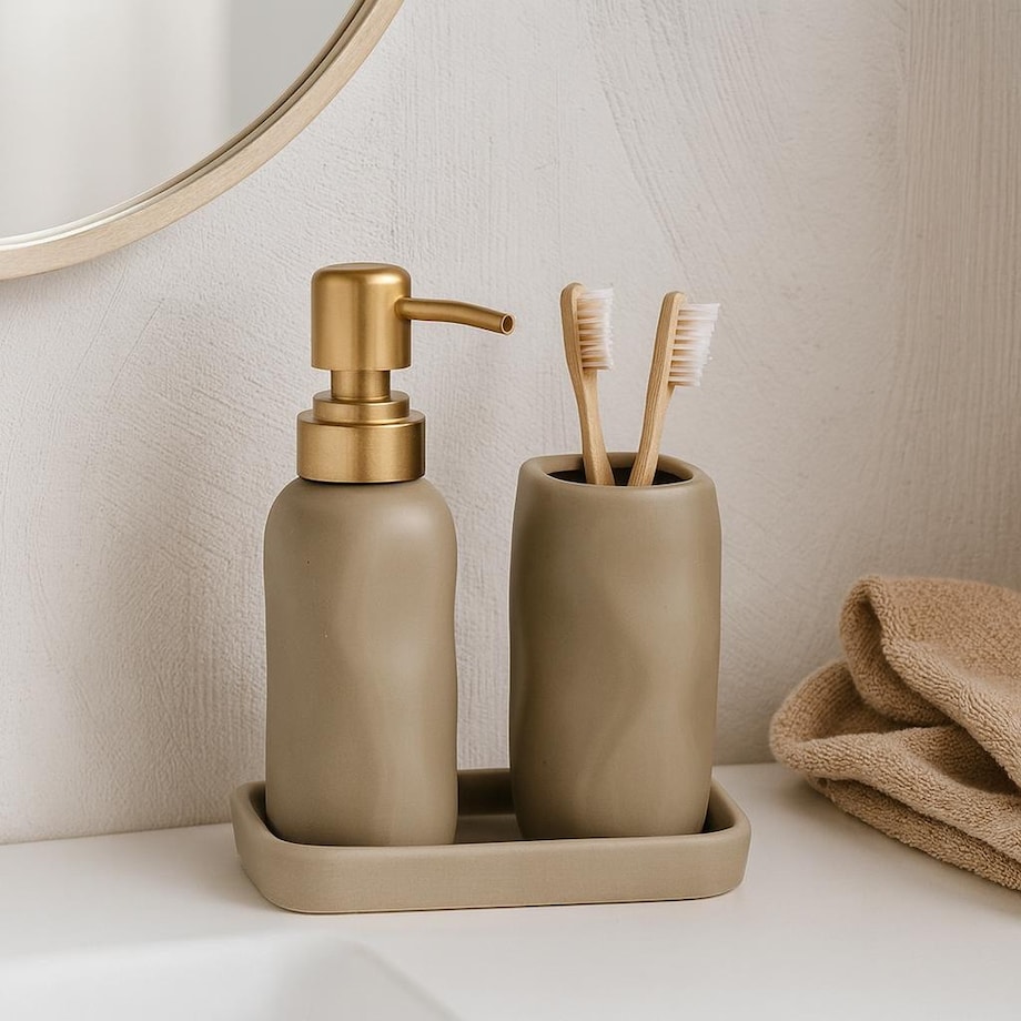 Komplet łazienkowy ze złotą pompką 400 ml 17x14x11 cm FLIKA beżowy