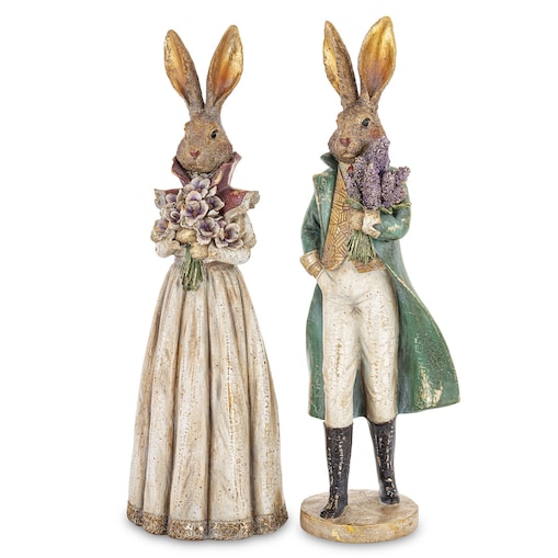 Dekoracja - para królików 53x18x15,5 i 53x17x4 cm CITTADINI-3 z bukietami kwiatów