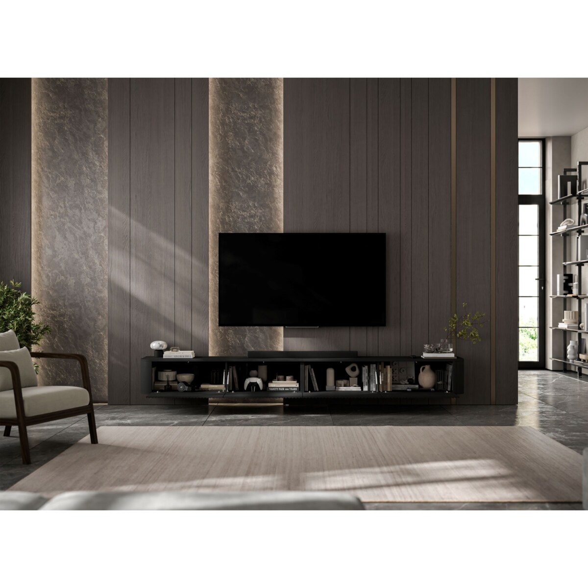 Szafka RTV Wisząca 280 cm Glamour Czarny Mat Nowoczesna Komoda RTV