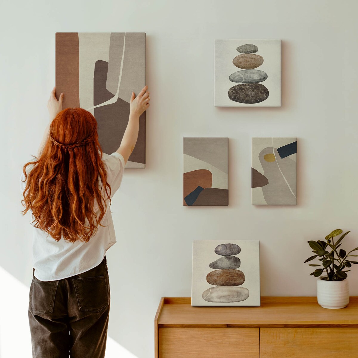 Zestaw 5 obrazów na płótnie - Abstrakcyjna boho sztuka nowa - brązowy