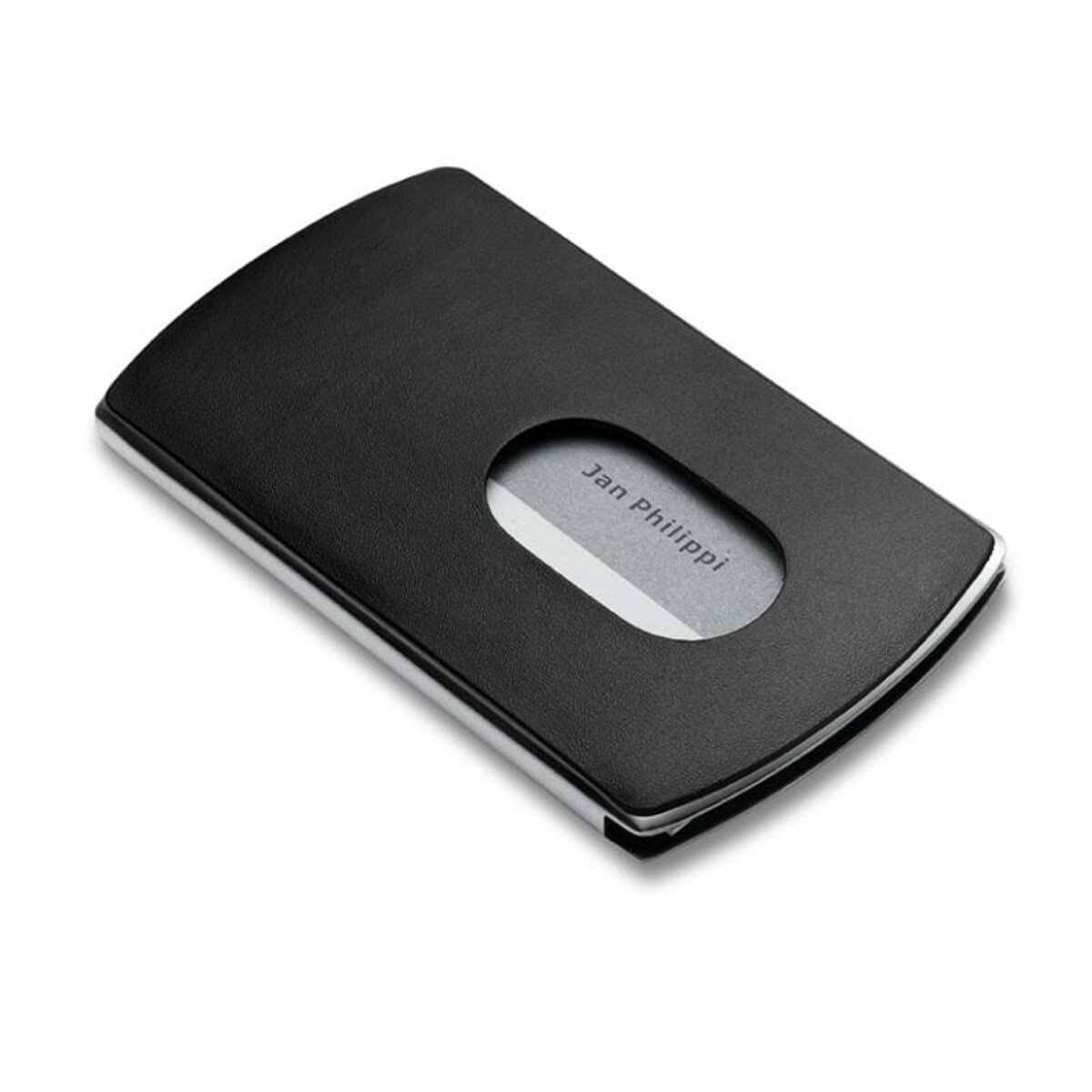 Wizytownik NIC - czarny, stal połysk, skóra, 10x6 cm