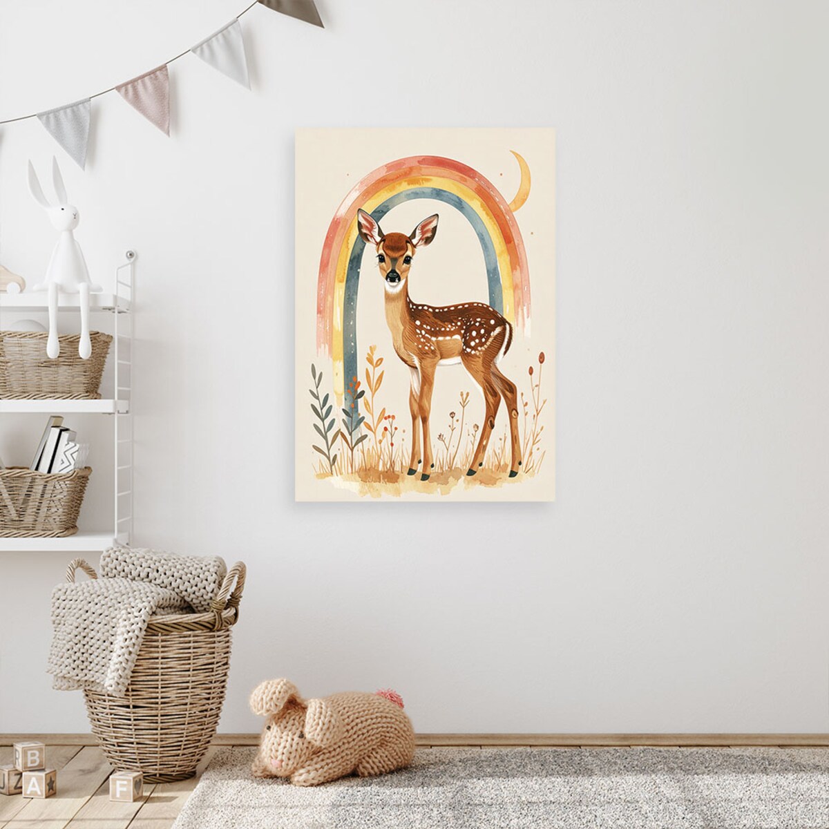 Obraz do pokoju dziecka niemowlaka, Sarenka sarna tęcza zwierzęta leśne 30x45 cm