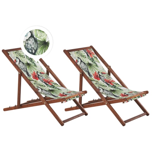 Zestaw 2 leżaków ogrodowych ciemne drewno akacjowe wzór w tukany ANZIO