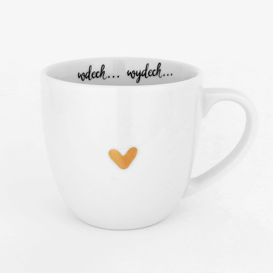Biały kubek porcelanowy 300 ml „Wdech Wydech" ze złotym sercem - prezent na urodziny dla bliskiej osoby, mamy, przyjaciółki