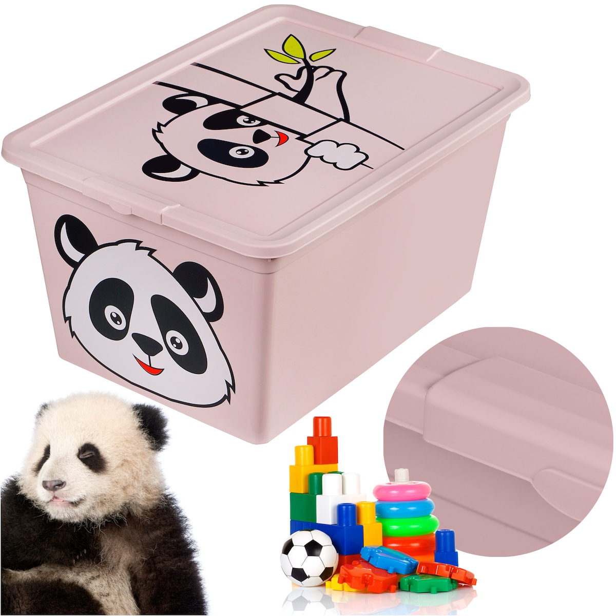 Pojemnik Plastikowy Na Zabawki Z Pokrywą 30 L Zamykany Do Pokoju Dzieci Panda Różowy