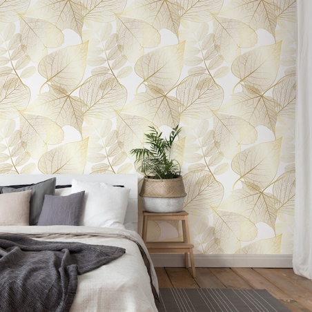 Tapeta Do Salonu Złote LIŚCIE