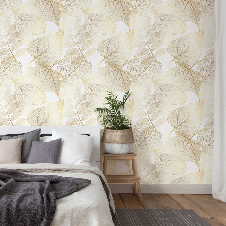 Tapeta Do Salonu Złote LIŚCIE