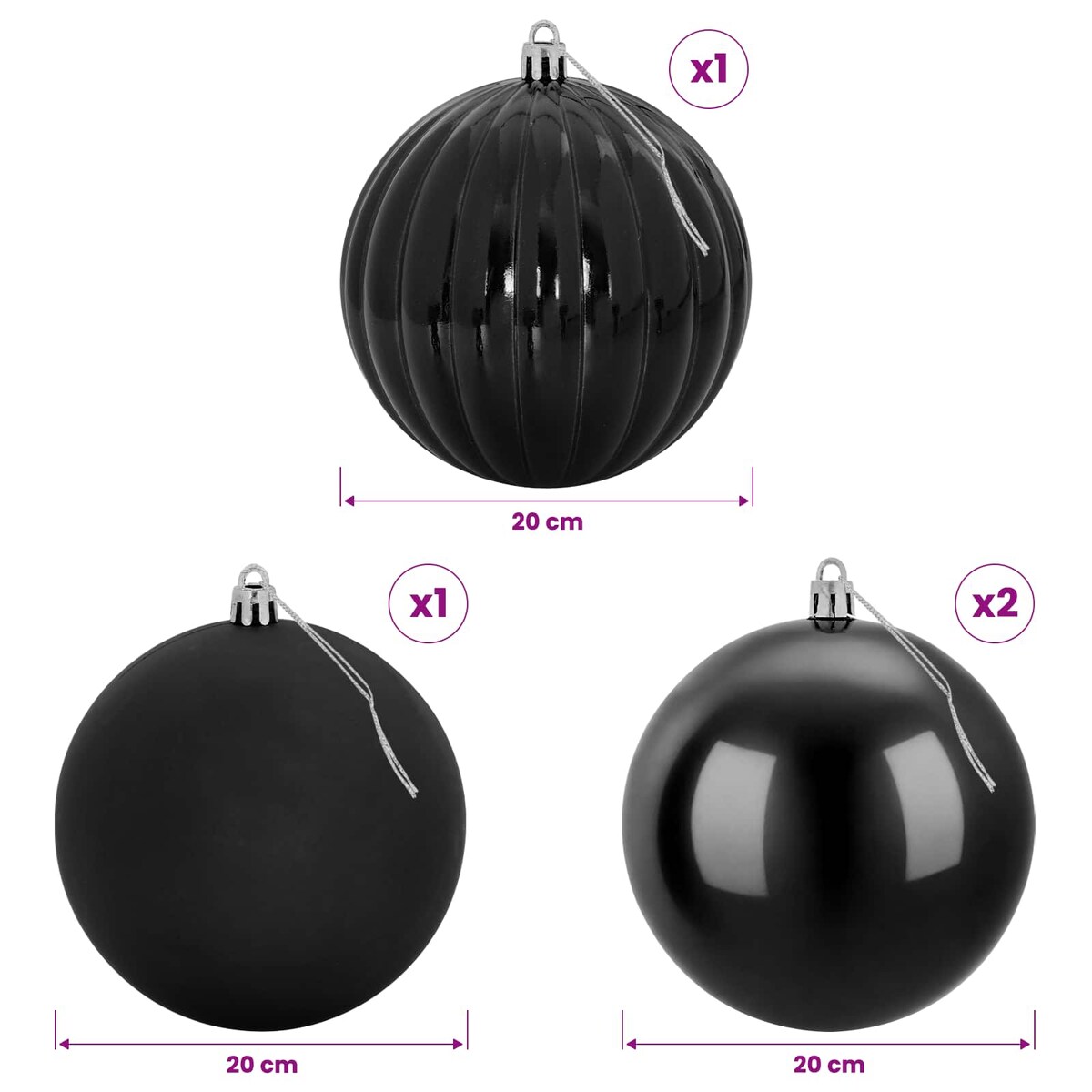 vidaXL Zestaw bombek choinkowych XXL 4 szt. Czarny śr. 20 cm