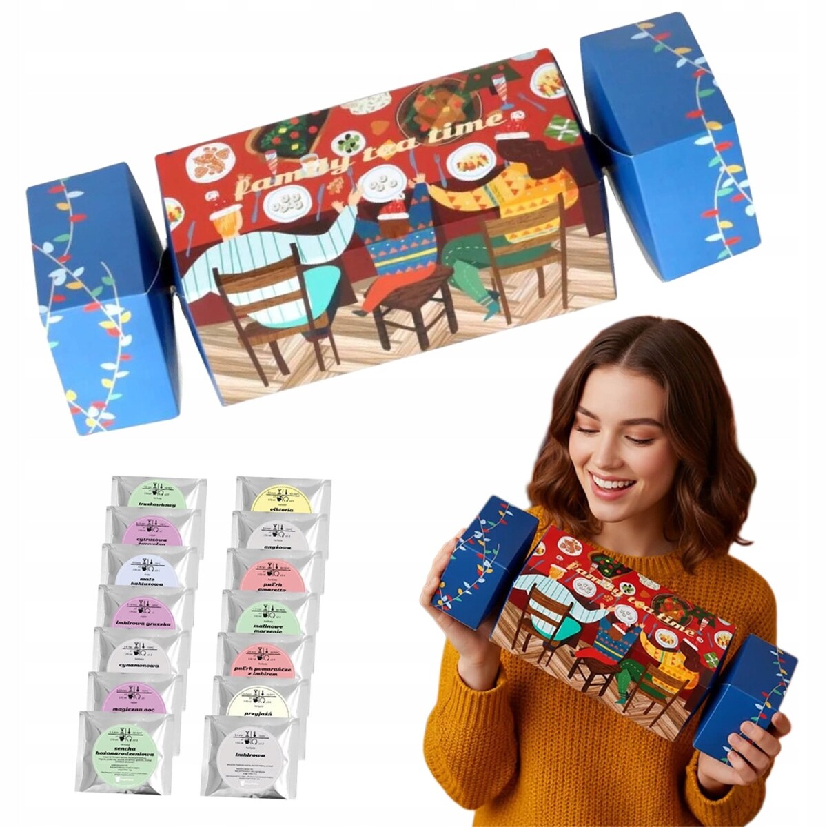 ŚWIĄTECZNY CRACKER ZESTAW 14 HERBAT SYPANYCH W SASZETKACH - PREZENT UPOMINEK NA MIKOŁAJA ŚWIĘTA GWIAZDKĘ BOŻE NARODZENIE POD CHOINKĘ DLA KOBIETY FACETA ŻONY MĘŻA