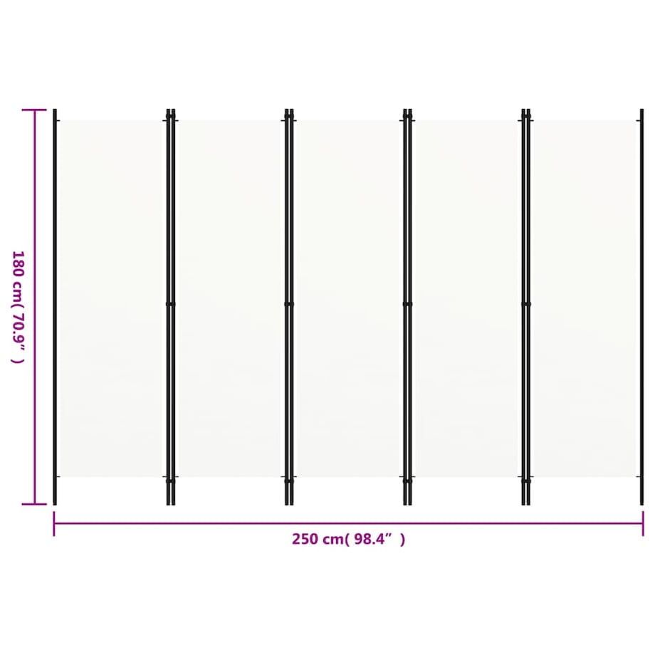 vidaXL Parawan 5-panelowy, biały, 250 x 180 cm