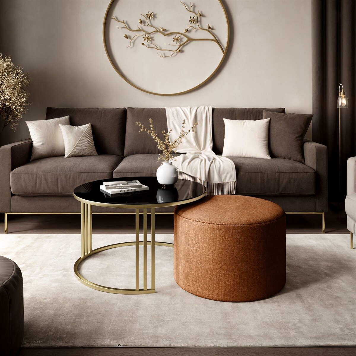 Stolik kawowy z pufą LORI GLASS złoto szczotkowane, czarne szkło / Perfect Harmony 52