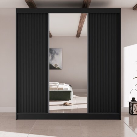 Szafa przesuwna ryflowana 200 z lustrem do przedpokoju- czarna