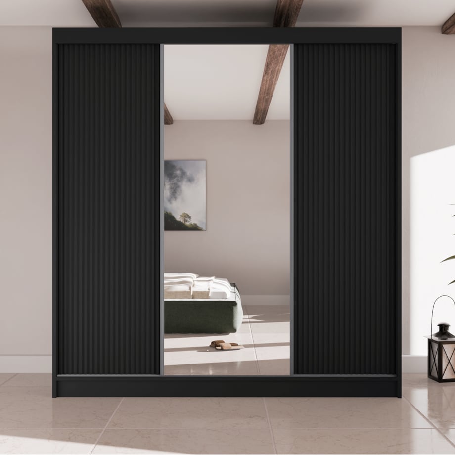 Szafa przesuwna ryflowana 200 z lustrem do przedpokoju- czarna