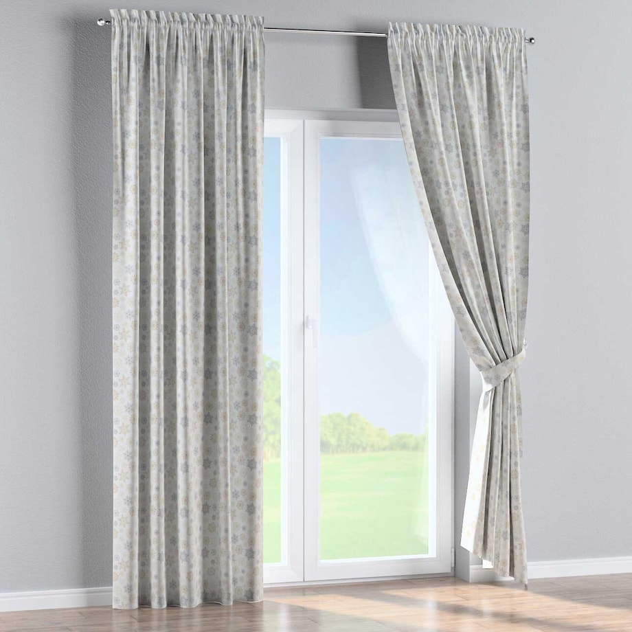 Zasłona na kanale z grzywką 1 szt. 130x245 złote, srebrne gwiazdy na białym tle