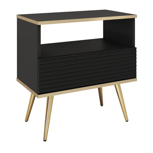 Szafka nocna ryflowana POLO na wysokich złotych nóżkach, czarna