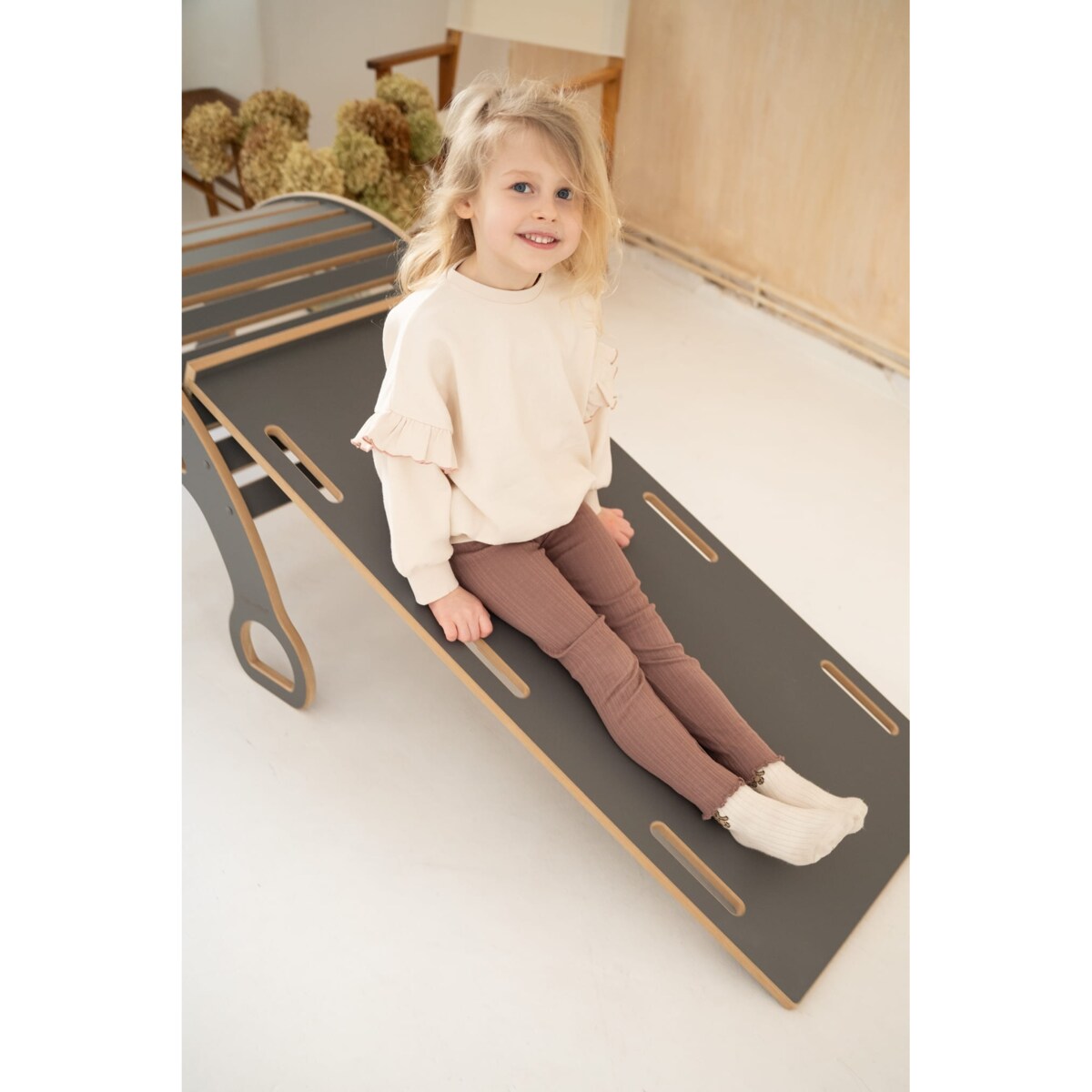 DUŻY bujak montessori z uchwytami + DUŻA zjeżdżalnia CHMURKI - szary