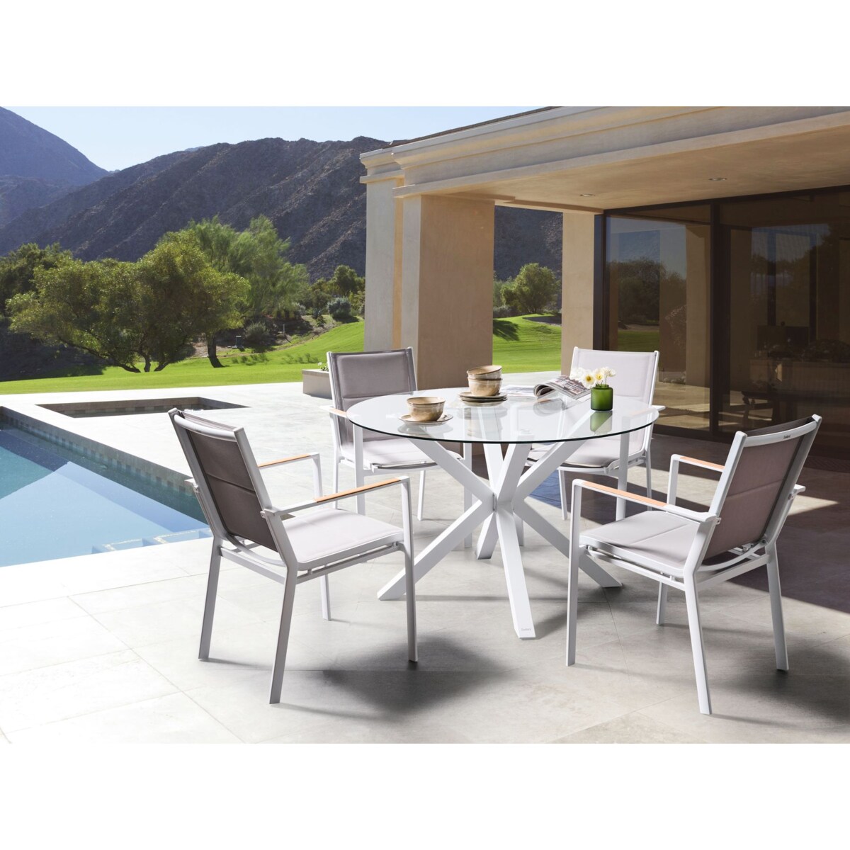Stół ogrodowy z krzesłami MALETTO/BUSSETO Szkło 120x120x75 cm Biały
