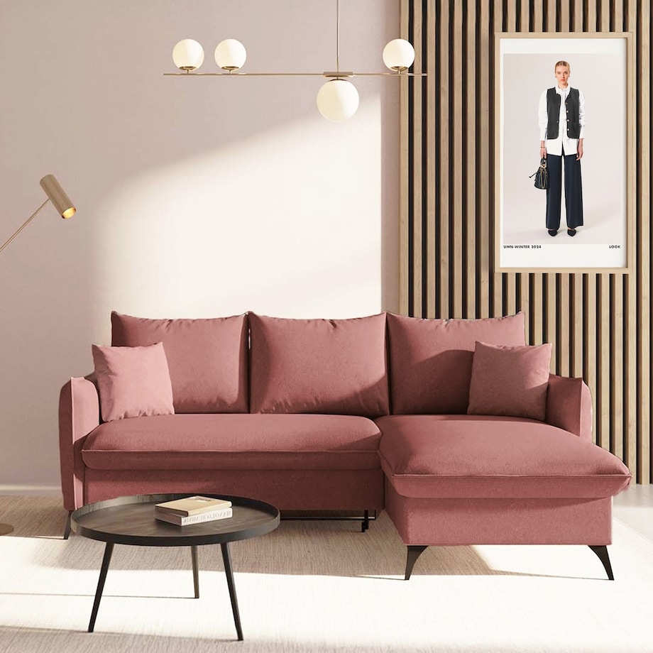 Brim Sofa narożna prawa z funkcją spania i pojemnikiem prawa różowa