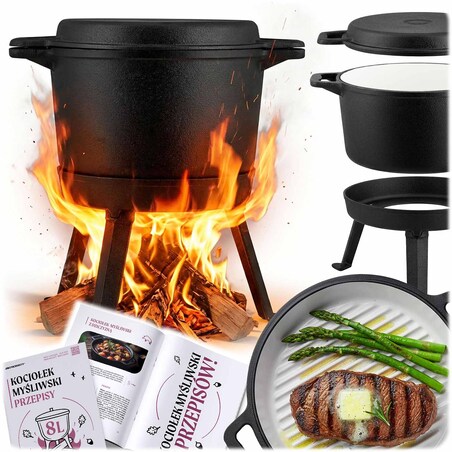Kociołek żeliwny emaliowany Berdsen BD-480 garnek 8L stojący + patelnia grill + przepisy