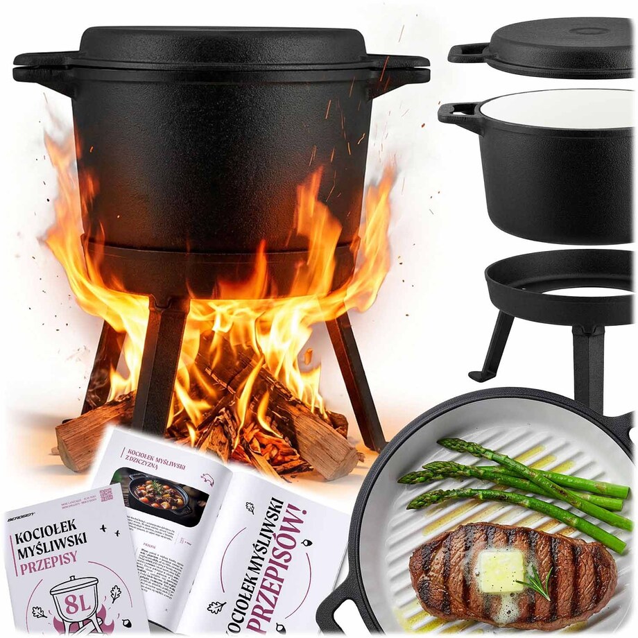 Kociołek żeliwny emaliowany Berdsen BD-480 garnek 8L stojący + patelnia grill + przepisy