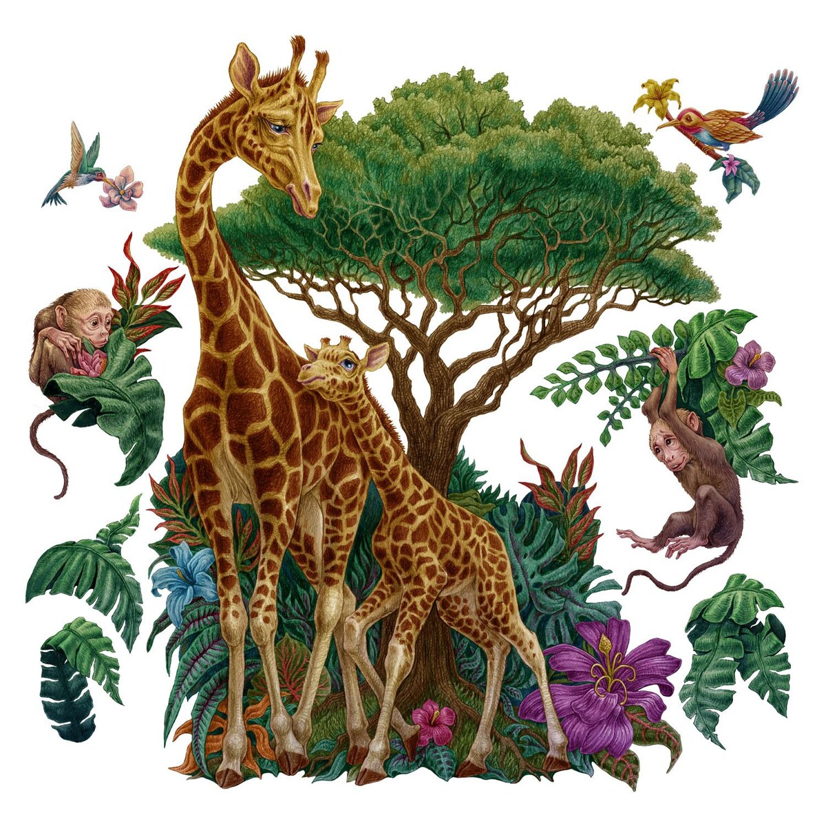 Zestaw naklejek na ścianę, Dzikie zwierzęta roślinność, 60cm