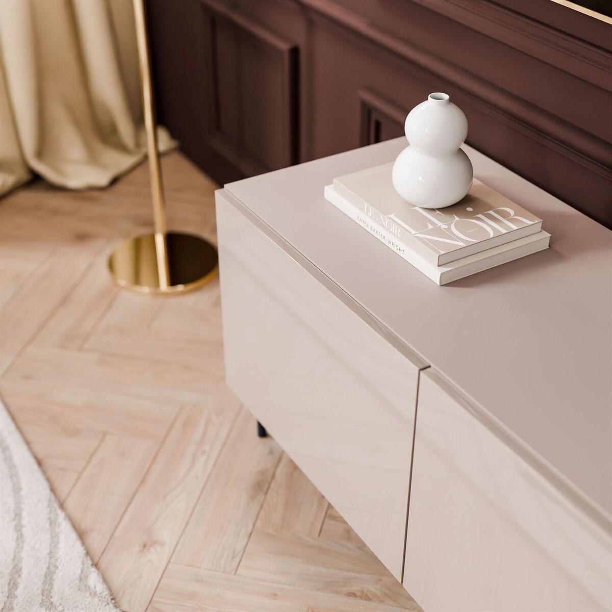 Szafka RTV COLGANTE 100 kaszmir wysoki połysk, oświetlenie LED, nóżki proste czarne