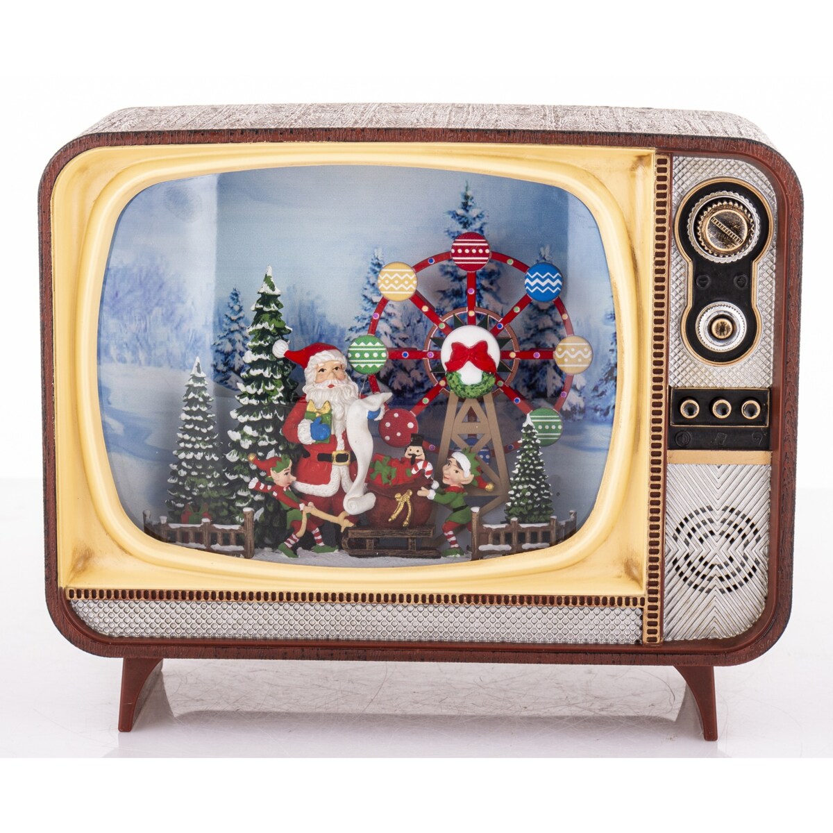 Dekoracja świąteczna - Telewizor z Mikołajem i kołem młyńskim 17,5x21x12 cm LED i pozytywką