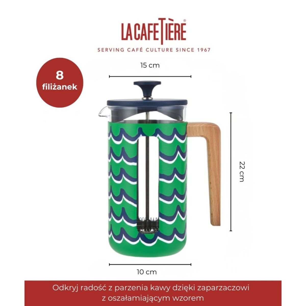 Zaparzacz do Kawy Typu French Press Pisa na 8 filiżanek, Cyan Tides