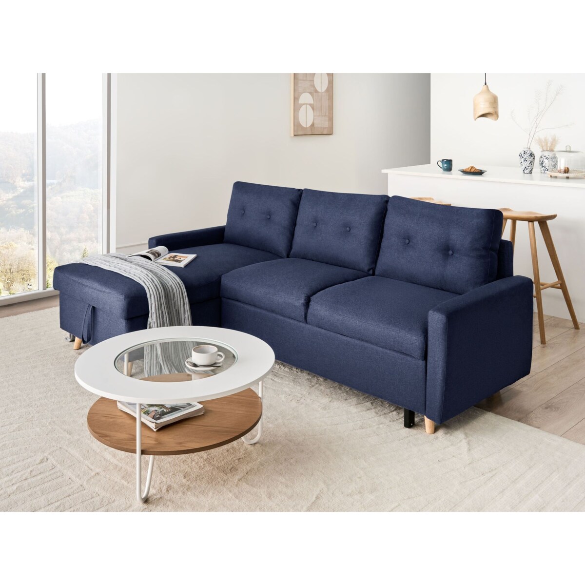 Narożnik rozkładany FLAKK Granatowy ze schowkiem dla 4 osób Prawostronny