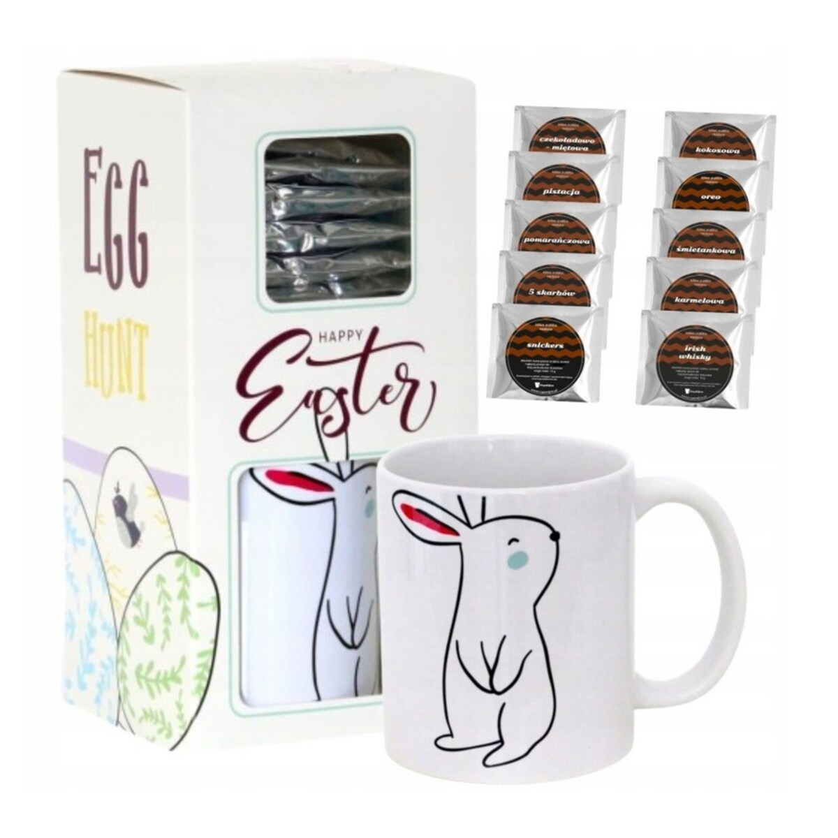 HAPPY EASTER zestaw kaw z kubkiem na Wielkanoc 10 x saszetka 10g - prezent upominek na święta wielkanocne zajączka dla niej niego mamy taty chłopaka dziewczyny