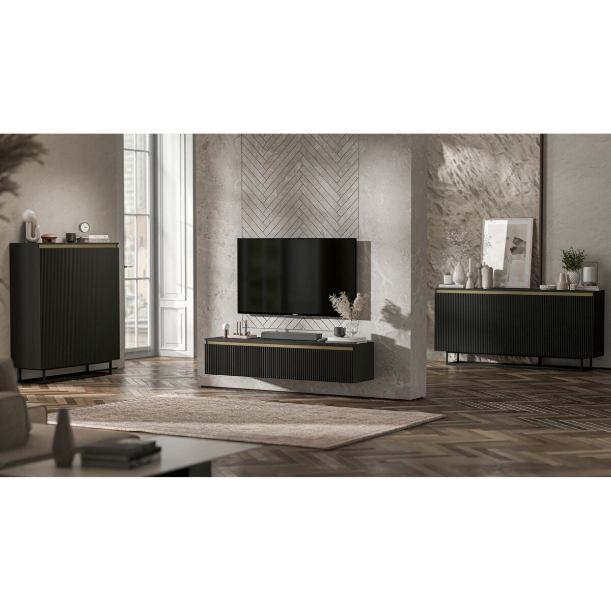 Wisząca Szafka RTV Glamour Komoda RTV Czarny Mat 280 cm ryflowane fronty